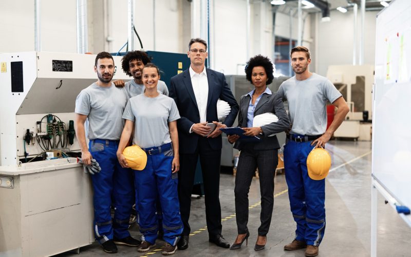 Portrait of group of engineers and corporate managers standing in a factory and looking at camera.